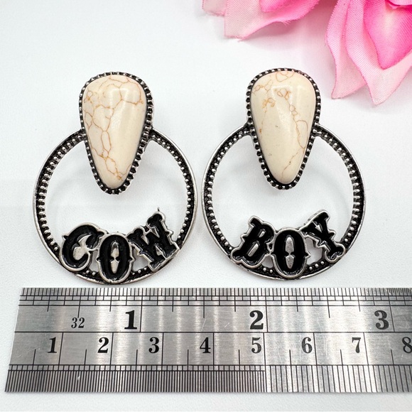 Western Cowboy Hoop Drop Earrings Howlite Southwestern Cowgirl Boho Bohemian - Picture 5 of 7